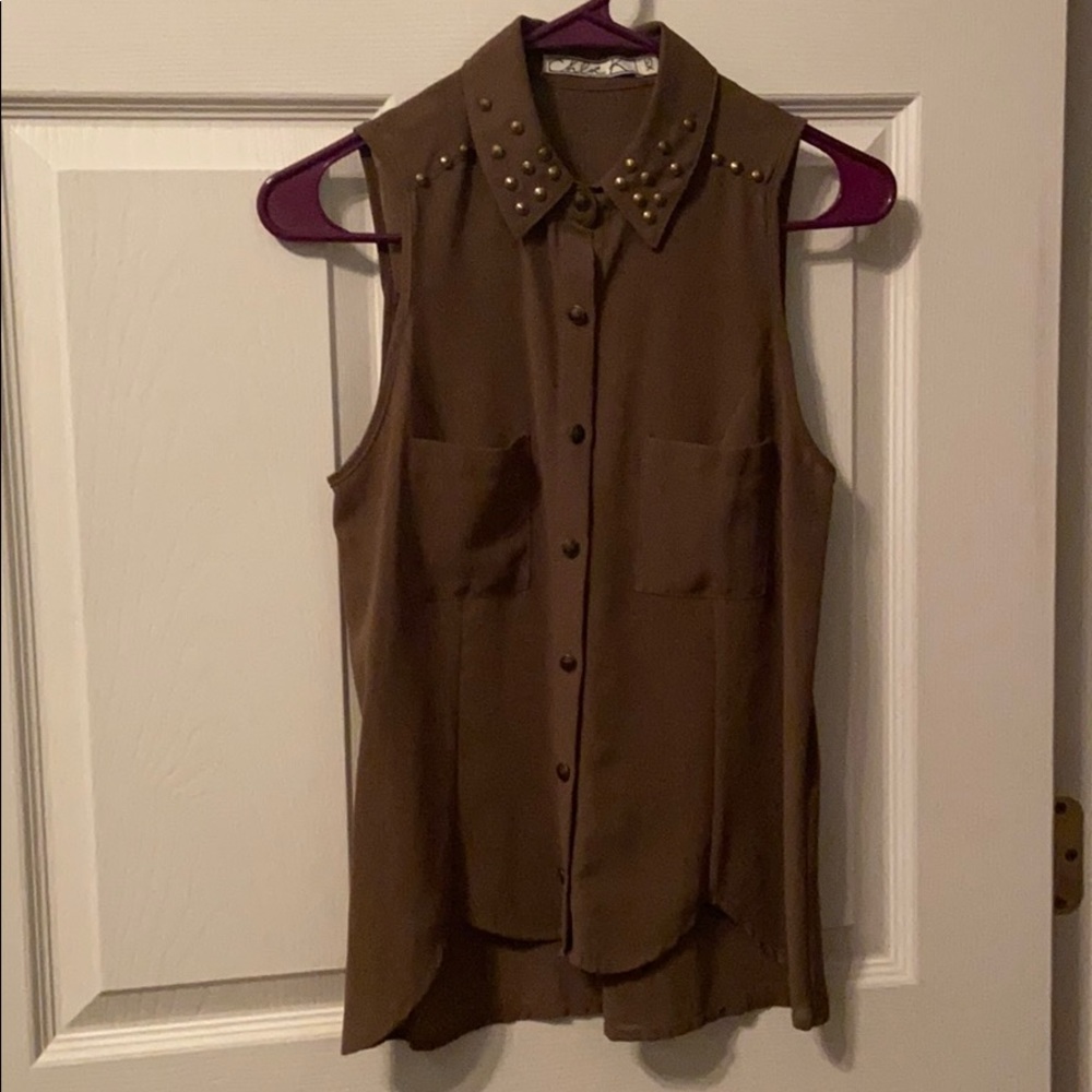 Army Green Embellished Collared Tank Top